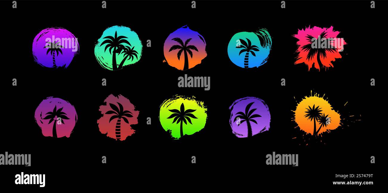 Stampe brillanti con macchie grunge all'alba e silhouette a palma. Design al neon per accessori per la casa, abiti, tessuti, bar sulla spiaggia estivo. Adesivi decorativi vettoriali dell'alba in estate e illustrazione delle palme. Stampe brillanti con macchie grunge all'alba e silhouette a palma. Decorazioni al neon per accessori per la casa, abiti, tessuti, bar sulla spiaggia estivo. Adesivi decorativi vettoriali Illustrazione Vettoriale