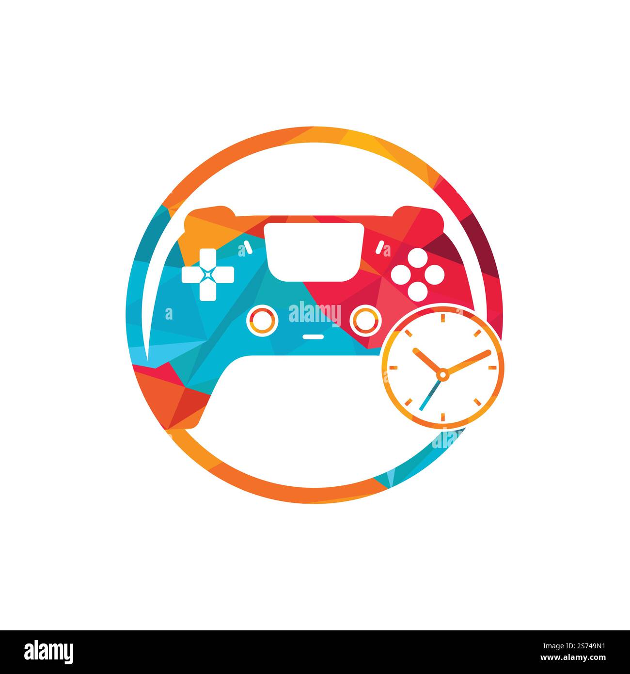 Disegno del logo vettoriale del tempo di gioco. Console di gioco con orologio icona vettore logo design. Illustrazione Vettoriale
