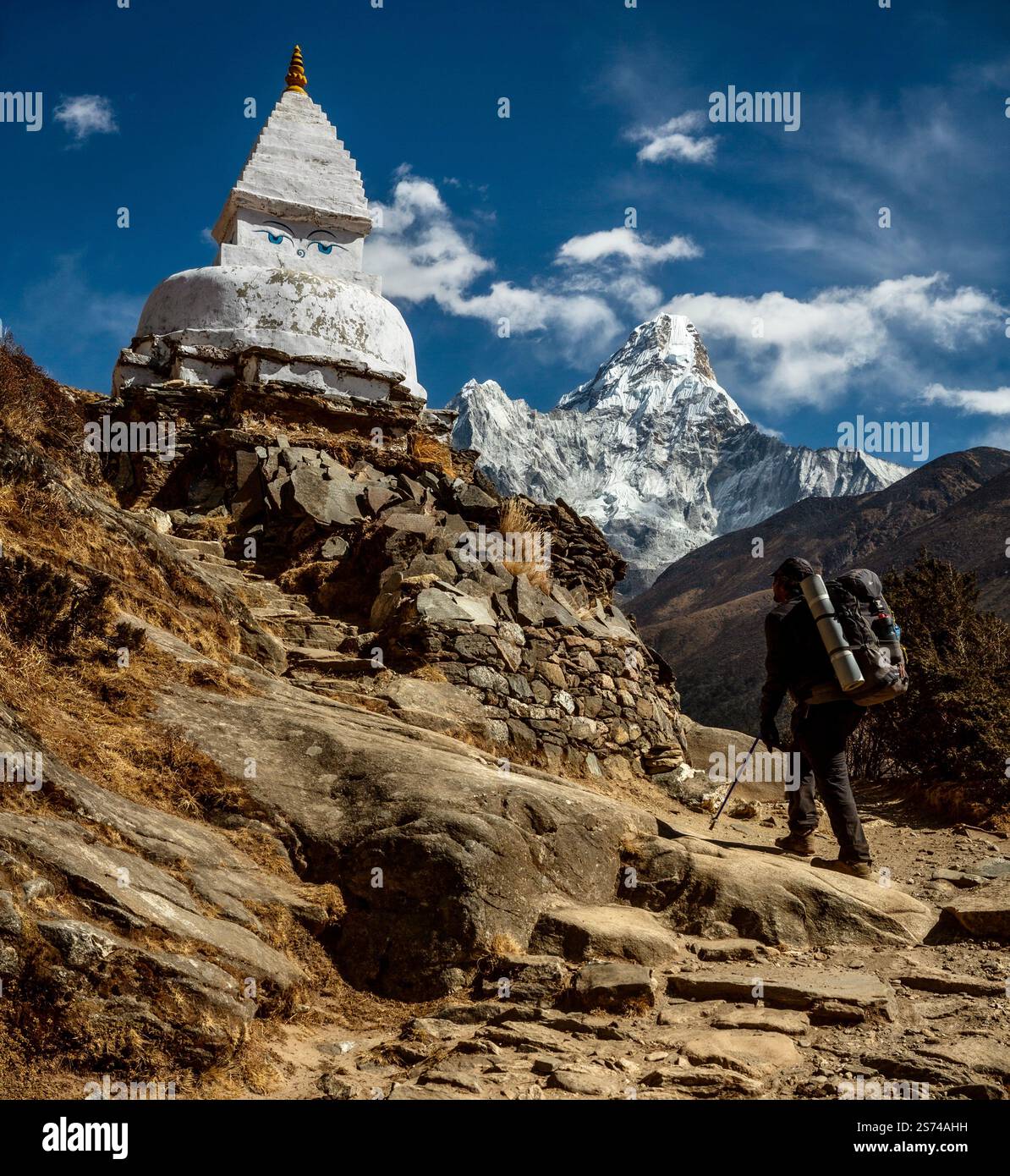 Sulla strada per il campo base del Monte Everest, ama Dablam sullo sfondo in Nepal Foto Stock