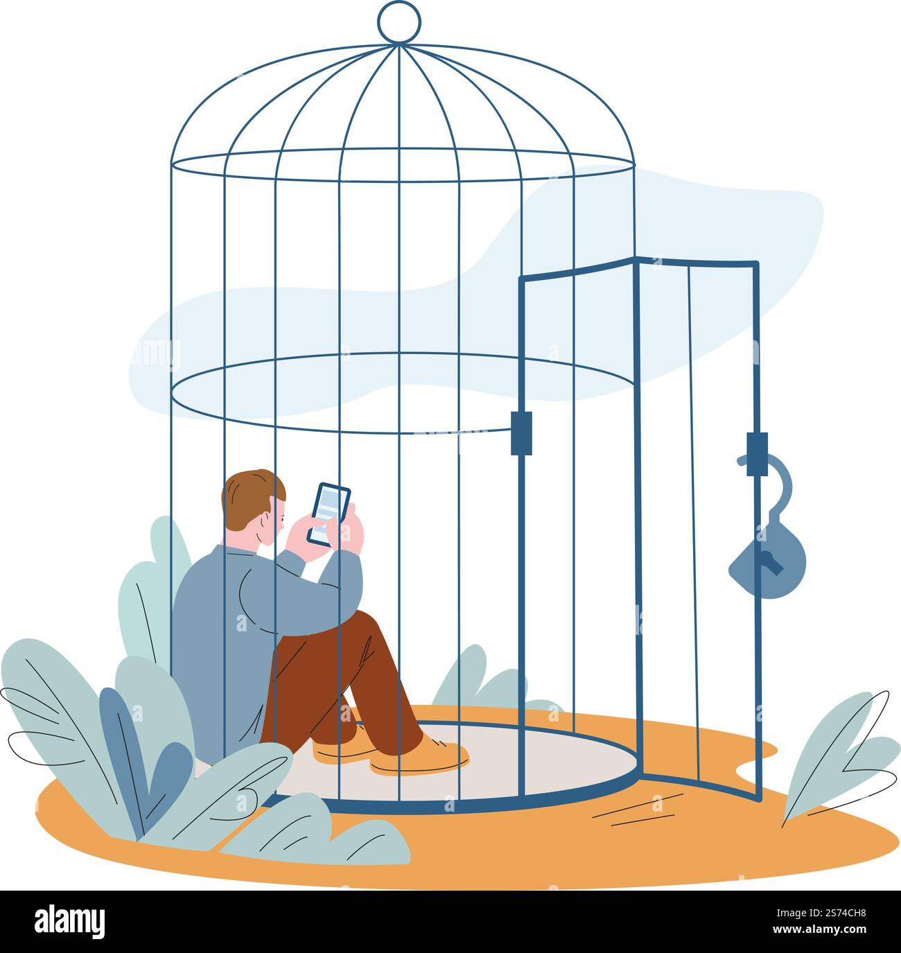 Prigioniero interiore mentale. La persona oppressa limita la vita, l'isolamento in gabbia e il bordo personale. Salute mentale, smartphone e dipendenza digitale kicky Vector concept. Illustrazione di un carcere isolato. Prigioniero interiore mentale. La persona oppressa limita la vita, l'isolamento in gabbia e il bordo personale. Salute mentale, smartphone e dipendenza digitale kicky Vector concept Illustrazione Vettoriale