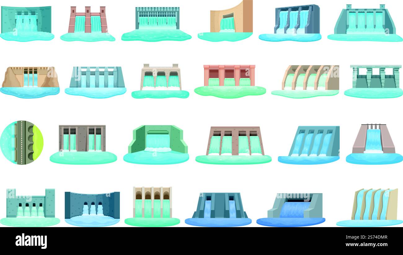 Le icone della diga della centrale idroelettrica impostano il vettore dei cartoni animati. Impianto idrico. Diga elettrica. Le icone della diga della centrale idroelettrica impostano il vettore dei cartoni animati. Impianto idrico Illustrazione Vettoriale