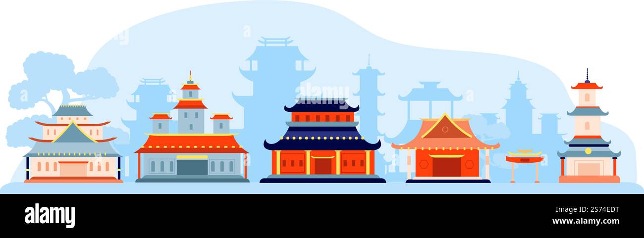 Edifici cinesi giapponesi, templi e paesaggi di porte. Albero, vulcano e chinatown. Banner di viaggio in Asia, case orientali, sfondo astratto vettoriale dell'illustrazione del paesaggio del tempio giapponese. Edifici cinesi giapponesi, templi e paesaggi di porte. Albero, vulcano e chinatown. Banner di viaggio in Asia, case orientali sfondo astratto vettoriale Illustrazione Vettoriale