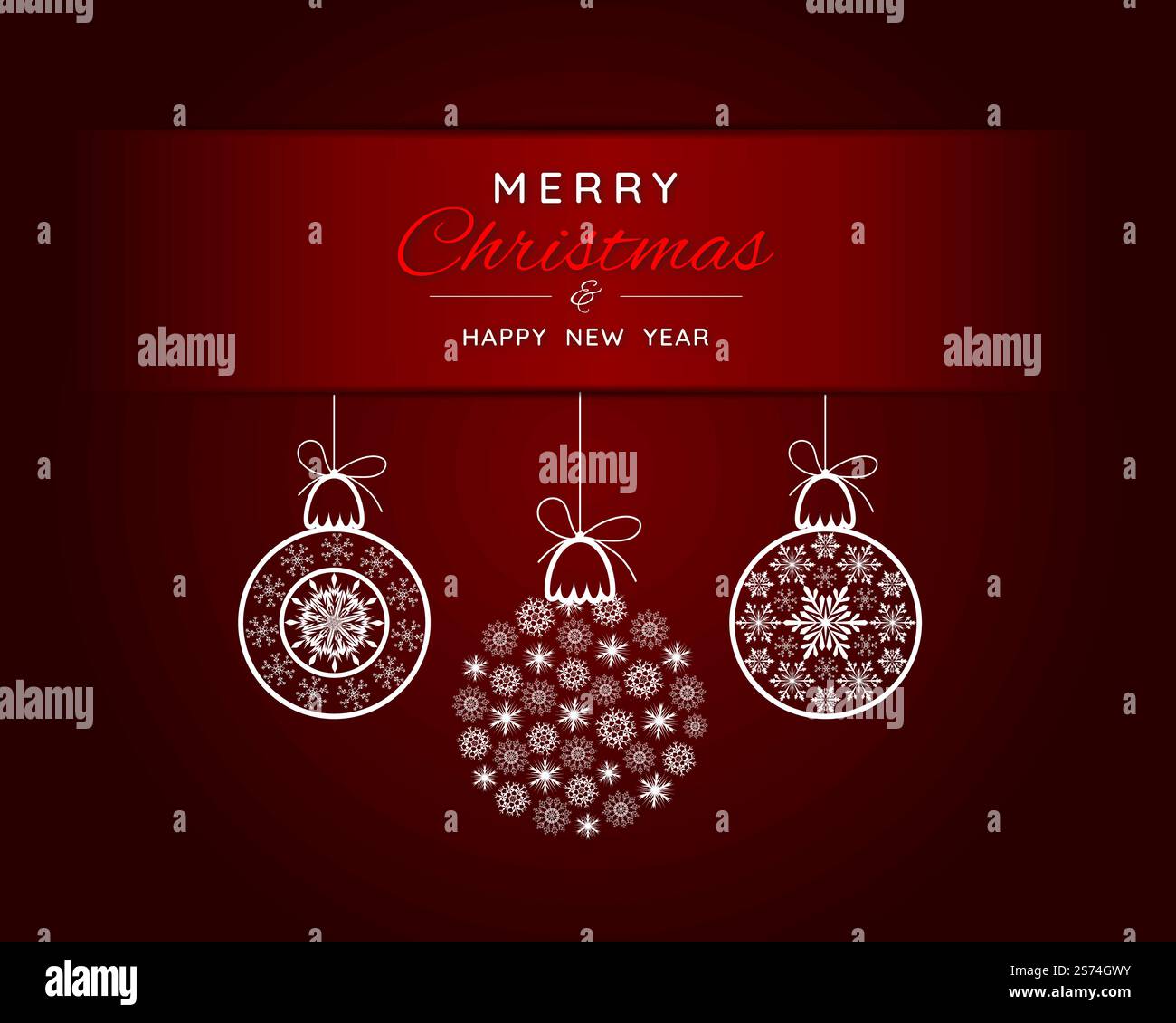 Striscione natalizio con striscia rossa e palle decorative di fiocchi di neve. Design festivo per le vacanze invernali, gli eventi, gli sconti e le vendite. Illustrazione vettoriale. Illustrazione Vettoriale