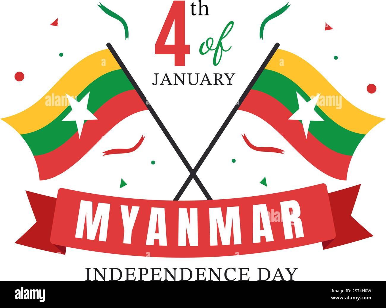 Celebrare Myanmar Independence Day il 4th gennaio con bandiere in Cartoon piano sfondo modelli disegnati a mano Illustrazione Illustrazione Vettoriale