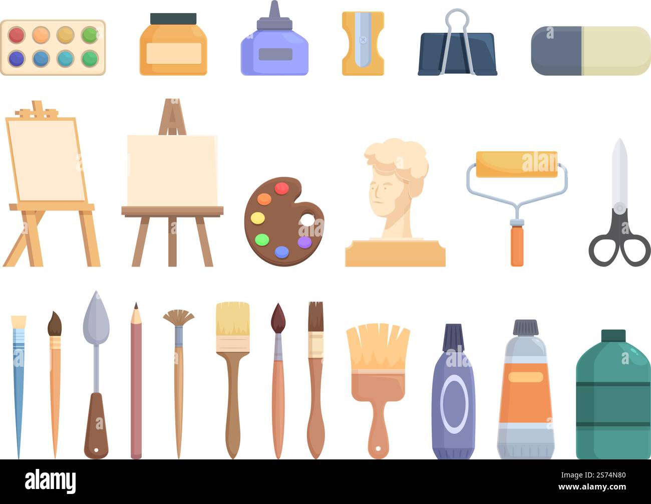 Le icone del laboratorio d'arte impostano il vettore dei cartoni animati. Ragazzo della scuola. Vernice artigianale. Le icone del laboratorio d'arte impostano il vettore dei cartoni animati. Ragazzo della scuola Illustrazione Vettoriale