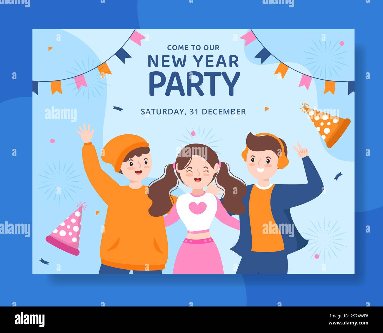 Felice anno nuovo Celebrazione Photocall Flat Cartoon modelli disegnati a mano Illustrazione Illustrazione Vettoriale