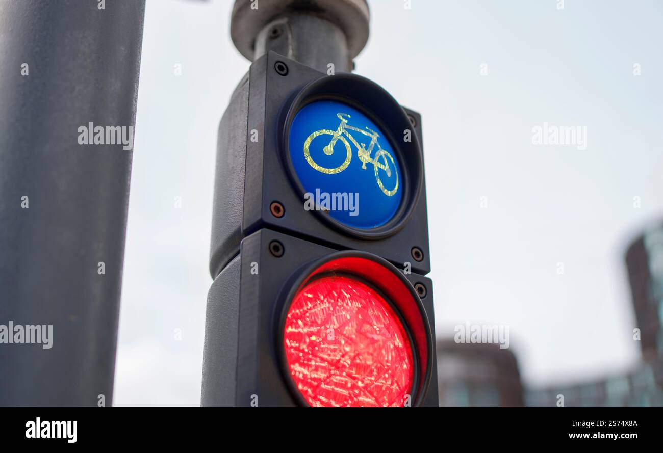 Semaforo della bicicletta rosso per i ciclisti. Concetto di trasporto urbano e pendolarismo. Semaforo per le biciclette sulla pista ciclabile. Foto Stock