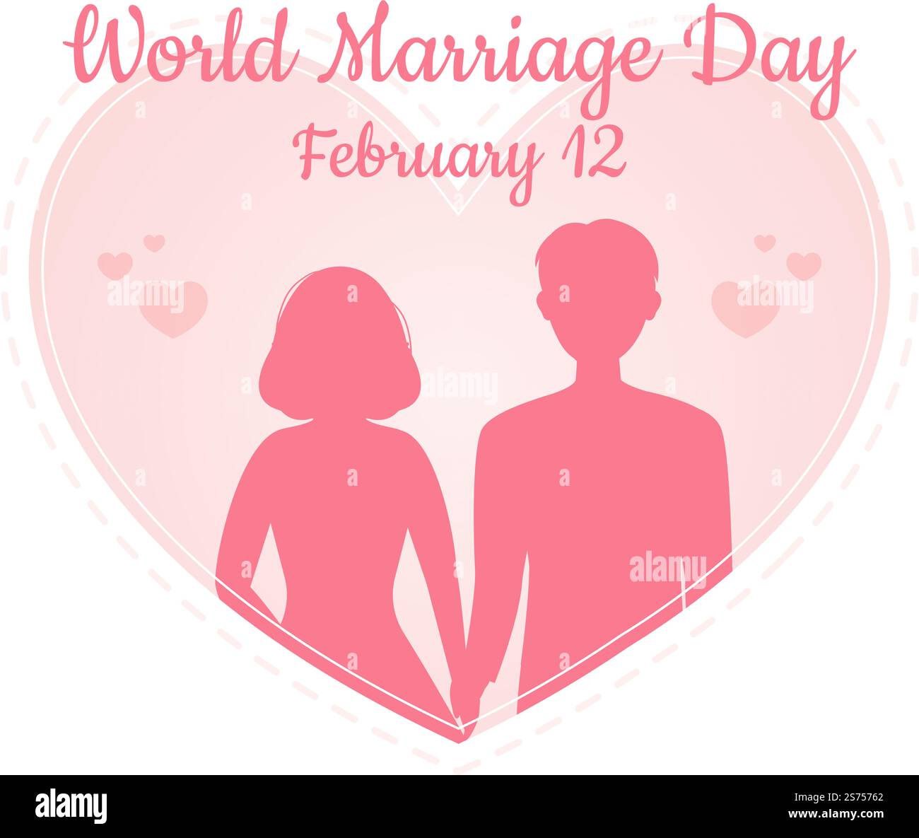 Giornata mondiale del matrimonio il 12 febbraio con simbolo d'amore per sottolineare la bellezza e la fedeltà di un partner in Cartoon piano modelli disegnati a mano Illustrazione Illustrazione Vettoriale