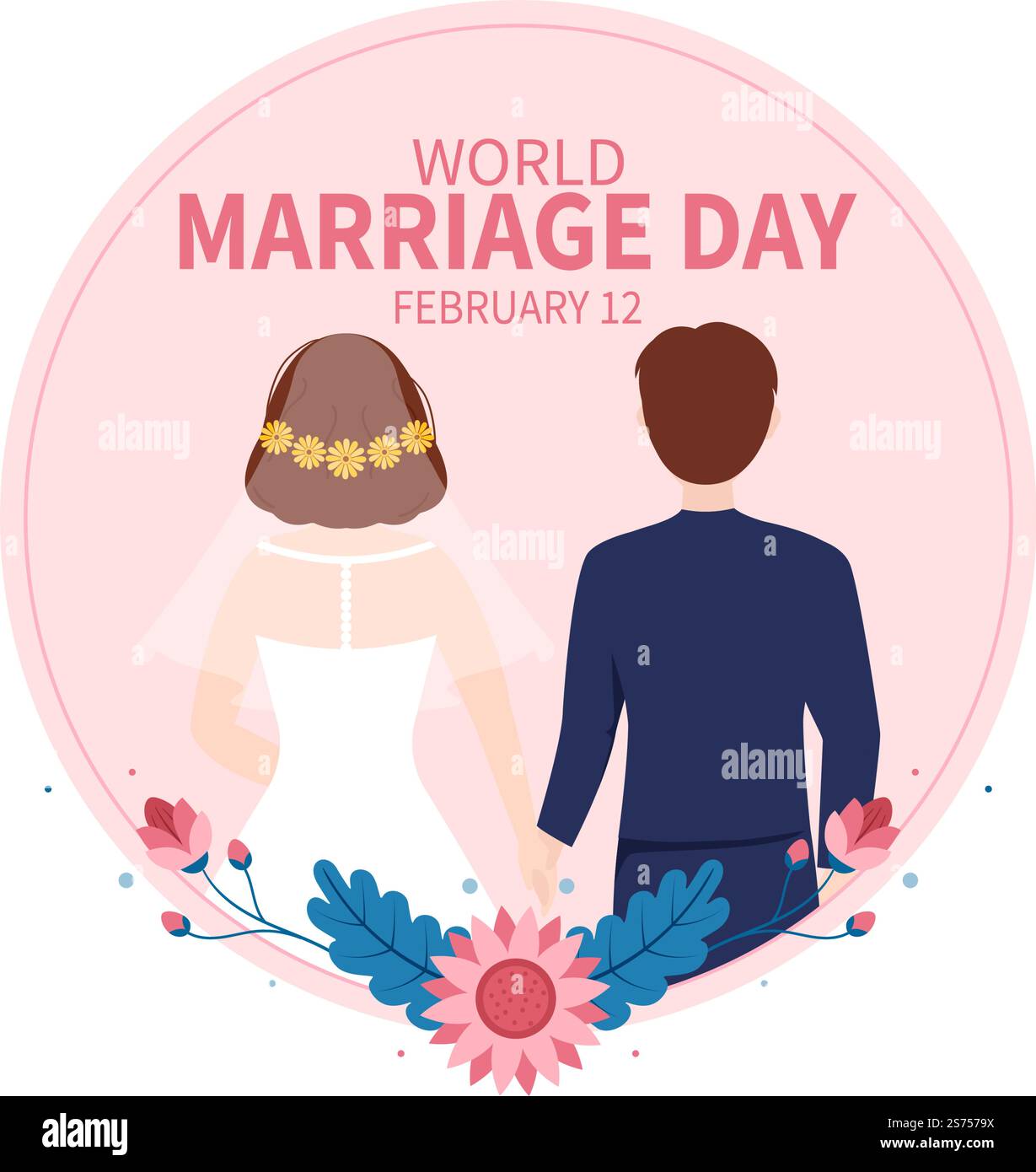 Giornata mondiale del matrimonio il 12 febbraio con simbolo d'amore per sottolineare la bellezza e la fedeltà di un partner in Cartoon piano modelli disegnati a mano Illustrazione Illustrazione Vettoriale