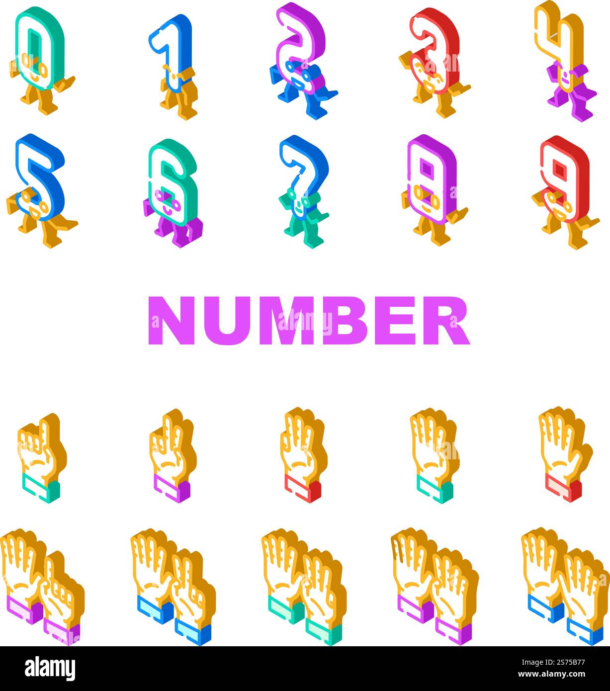 le icone carine dei caratteri numerici impostano il vettore. font funny, design scolastico, fun one, lettera alfabetica, tipografia tre, caratteri del numero di istruzione graziose illustrazioni di segni isometrici. le icone carine dei caratteri numerici impostano il vettore Illustrazione Vettoriale