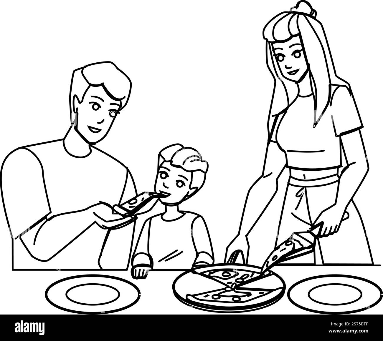 famiglia che mangia pizza linea matita vettore disegno. cibo cena, casa felice, ragazza caucasica, pranzo bambino, donna insieme, pasto maschile, madre al chiuso famiglia che mangia pizza carattere. Illustrazione delle persone. famiglia che mangia pizza vettoriale Illustrazione Vettoriale