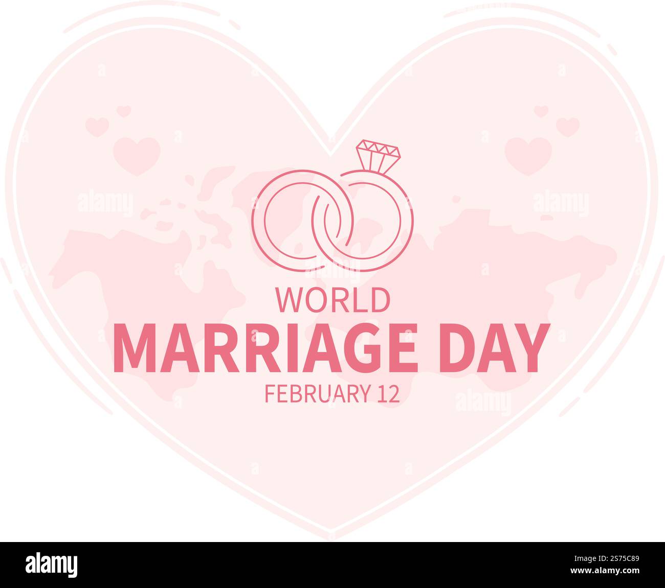 Giornata mondiale del matrimonio il 12 febbraio con simbolo d'amore per sottolineare la bellezza e la fedeltà di un partner in Cartoon piano modelli disegnati a mano Illustrazione Illustrazione Vettoriale