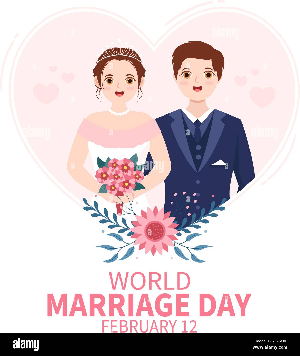 Giornata mondiale del matrimonio il 12 febbraio con simbolo d'amore per sottolineare la bellezza e la fedeltà di un partner in Cartoon piano modelli disegnati a mano Illustrazione Illustrazione Vettoriale