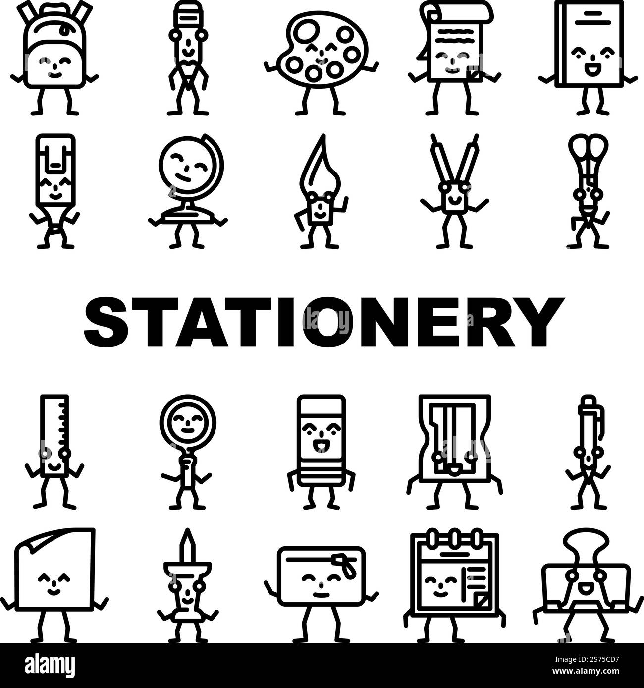 le icone della scuola di caratteri della cancelleria impostano il vettore. matita, educazione carina, penna di studio, libro divertente, studente felice, bambini mascotte cartoleria character school illustrazioni di contorno nero. le icone della scuola di caratteri della cancelleria impostano il vettore Illustrazione Vettoriale