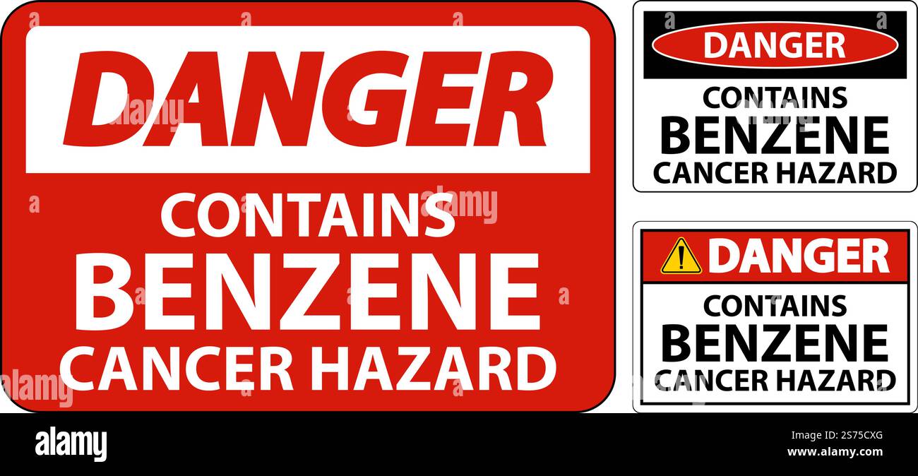 Il pericolo contiene il segno di benzene su sfondo bianco Illustrazione Vettoriale