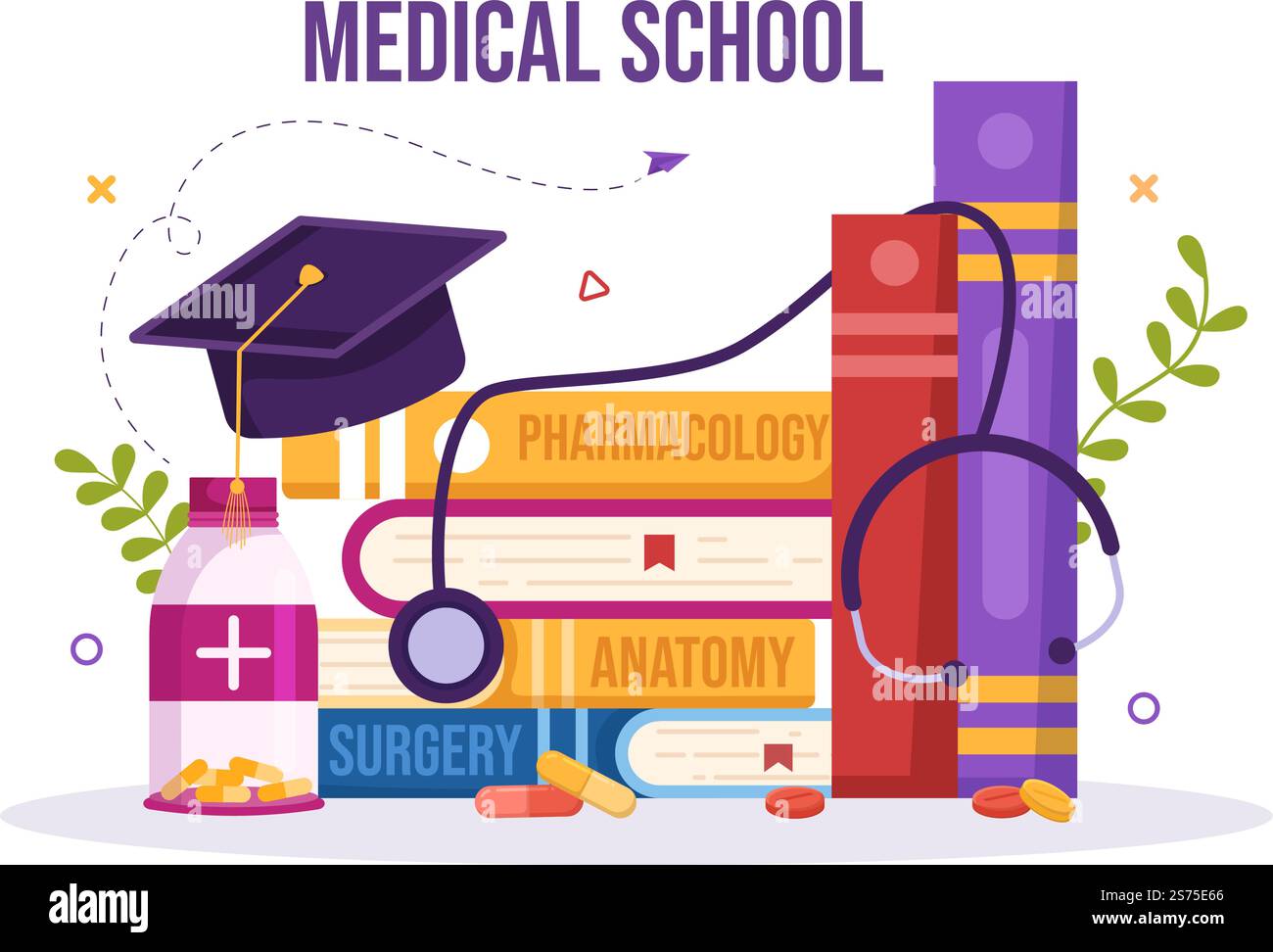 Scuola di Medicina con gli studenti che ascoltano la lezione di Dottore e la scienza di apprendimento in aula in Cartoon piano modello disegnato a mano Illustrazione Illustrazione Vettoriale