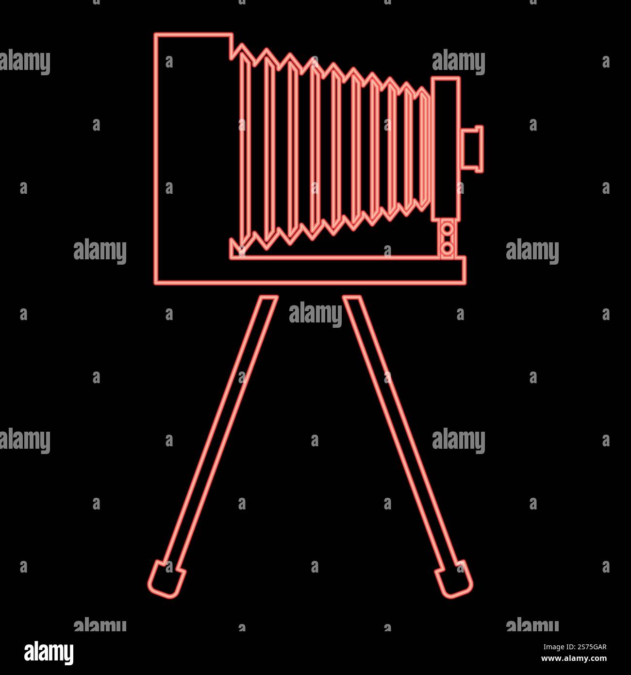 Fotocamera retrò al neon su treppiede fotocamera a pellicola analogica d'epoca vecchia fotocamera di colore rosso immagine vettoriale luce piatta. Fotocamera retrò al neon su treppiede fotocamera a pellicola analogica d'epoca vecchia fotocamera a colori rossi immagine vettoriale stile piatto Illustrazione Vettoriale