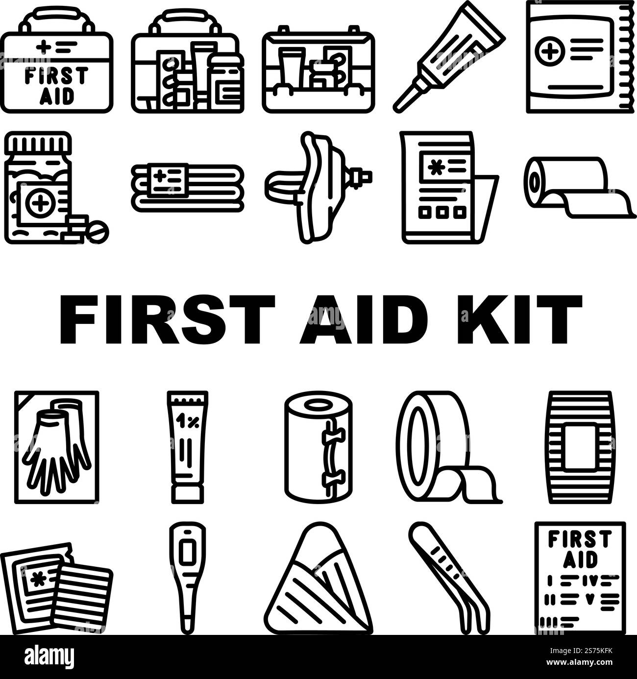 kit di pronto soccorso icone mediche set vettoriale. assistenza medica, aiuto ospedaliero, scatola del medico, croce di emergenza, caso aiuto bage kit di pronto soccorso medicina salute contorno nero illustrazioni. kit di pronto soccorso icone mediche set vettoriale Illustrazione Vettoriale