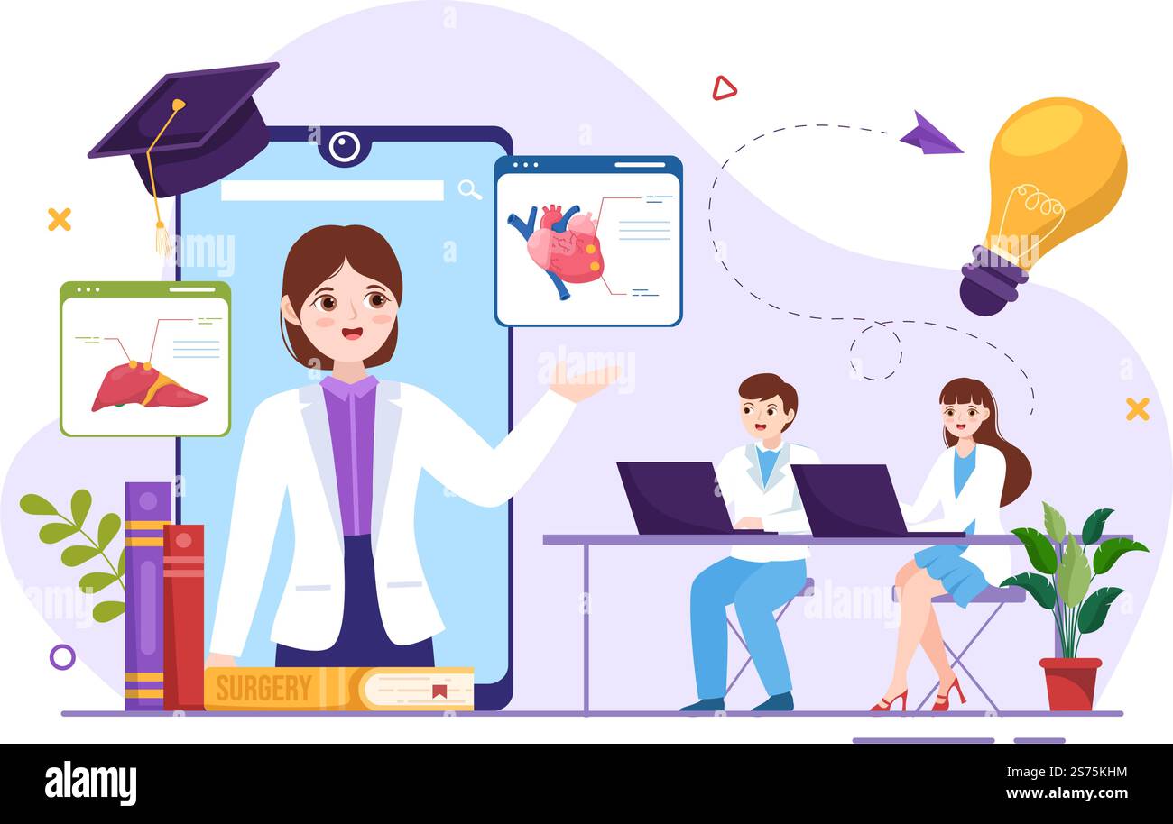 Scuola di Medicina con gli studenti che ascoltano la lezione di Dottore e la scienza di apprendimento in aula in Cartoon piano modello disegnato a mano Illustrazione Illustrazione Vettoriale
