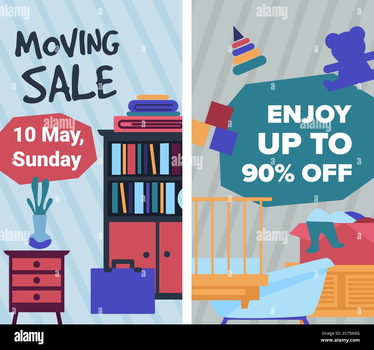 Offerta speciale, vendita mobile, banner con data e proposta. Fino al 90% di sconto sul prezzo. Riduzione dei costi e dei prodotti economici. Mobili e oggetti personali, libri e decorazioni. Vettore in stile piatto. Vendita in movimento, fino al 90% di sconto, offerta Illustrazione Vettoriale