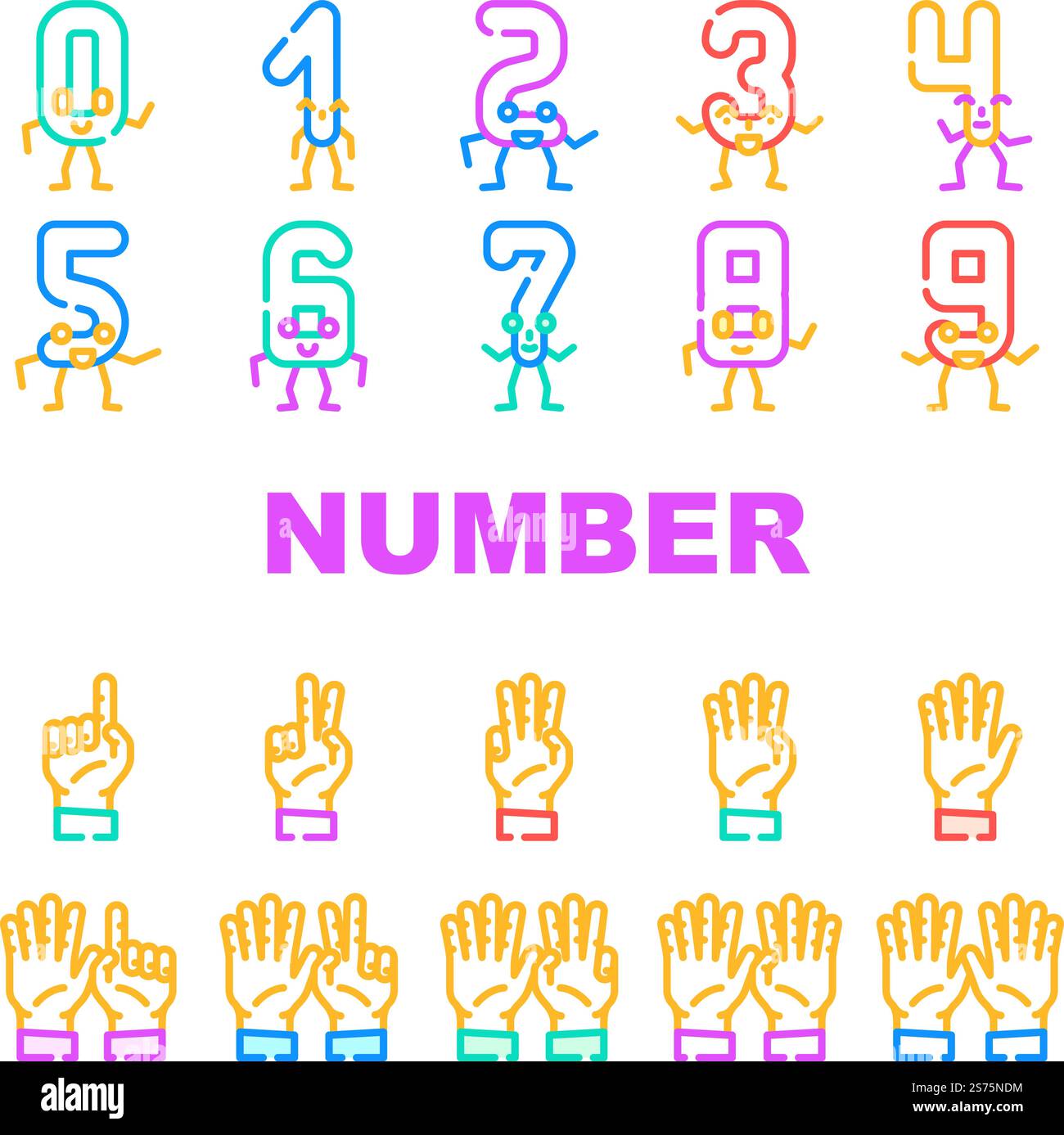 le icone carine dei caratteri numerici impostano il vettore. font funny, design scolastico, fun one, lettera alfabetica, tipografia tre, personaggio del numero educativo simpatiche illustrazioni delle linee di colore. le icone carine dei caratteri numerici impostano il vettore Illustrazione Vettoriale