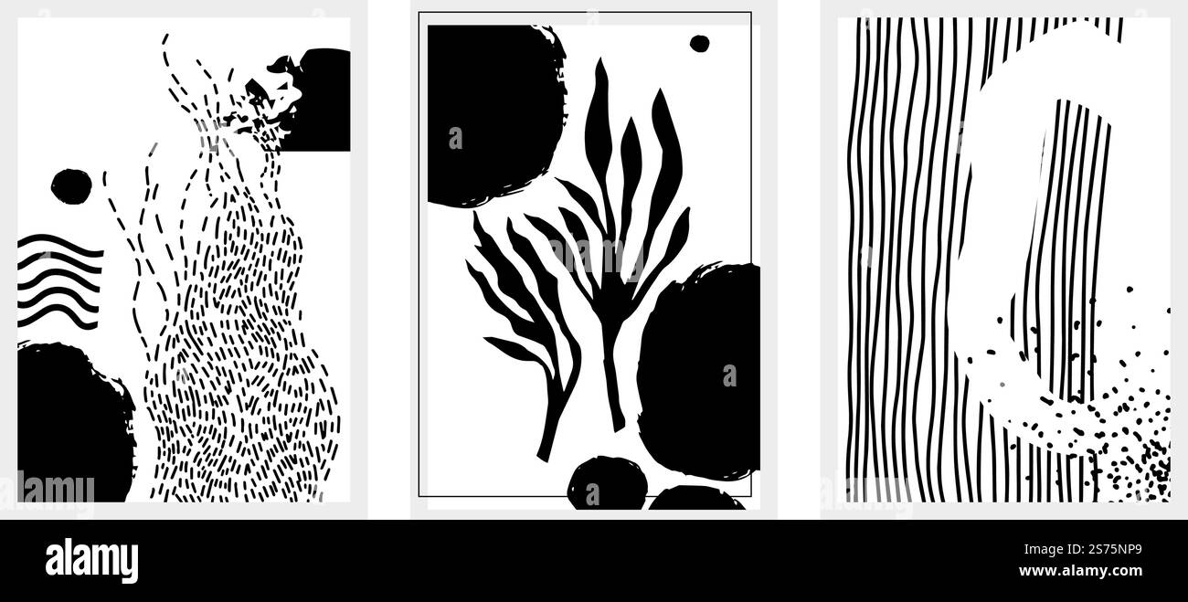 Motivi floreali e decorazioni, forme e rami decorativi. Flora e botanica monocromatica minimalista. Natura e foglie e fogliame naturali, piante a foglia verde. Immagine vettoriale in stile piatto. Stampe astratte disegnate a mano, motivo floreale Illustrazione Vettoriale