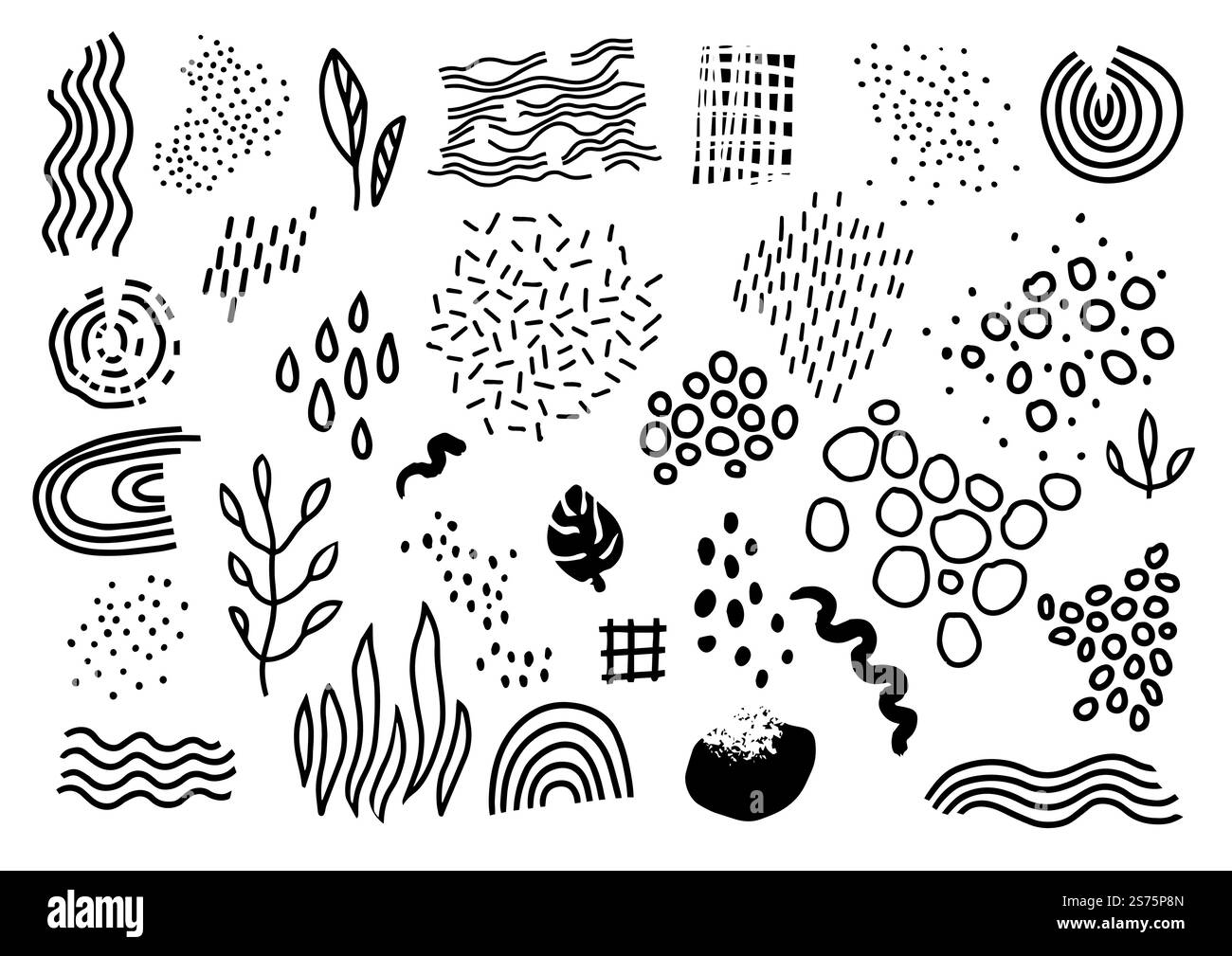 Disegni astratti, cerchi e linee rette o ondulate. Flora e foglie, piante e cespugli. Arcobaleno e nuvola, contorno di schizzo monocromatico o silhouette di monstera tropicale. Vettore in stile piatto. Flora e gocce, disegno astratto e cerchi Illustrazione Vettoriale