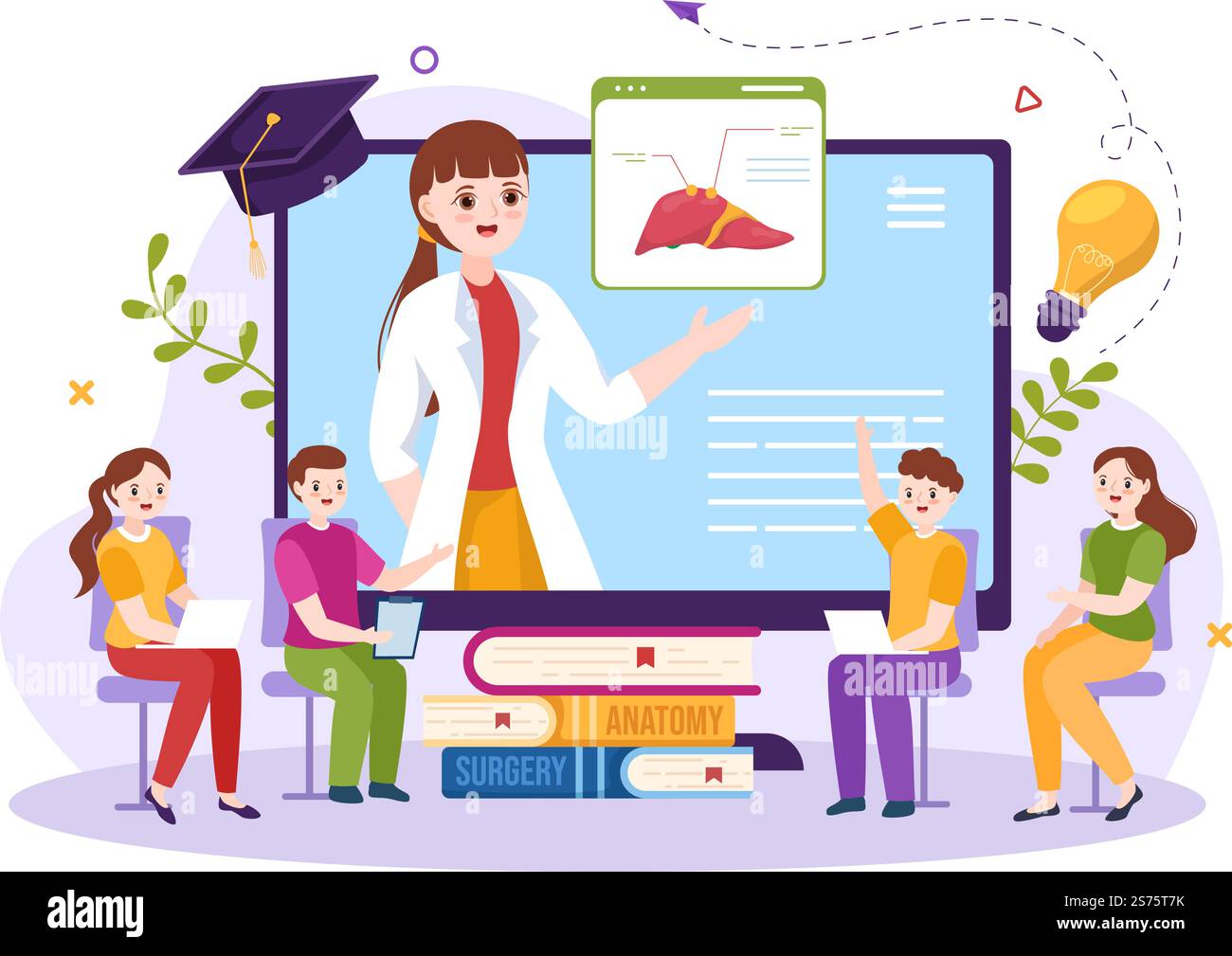 Scuola di Medicina con gli studenti che ascoltano la lezione di Dottore e la scienza di apprendimento in aula in Cartoon piano modello disegnato a mano Illustrazione Illustrazione Vettoriale