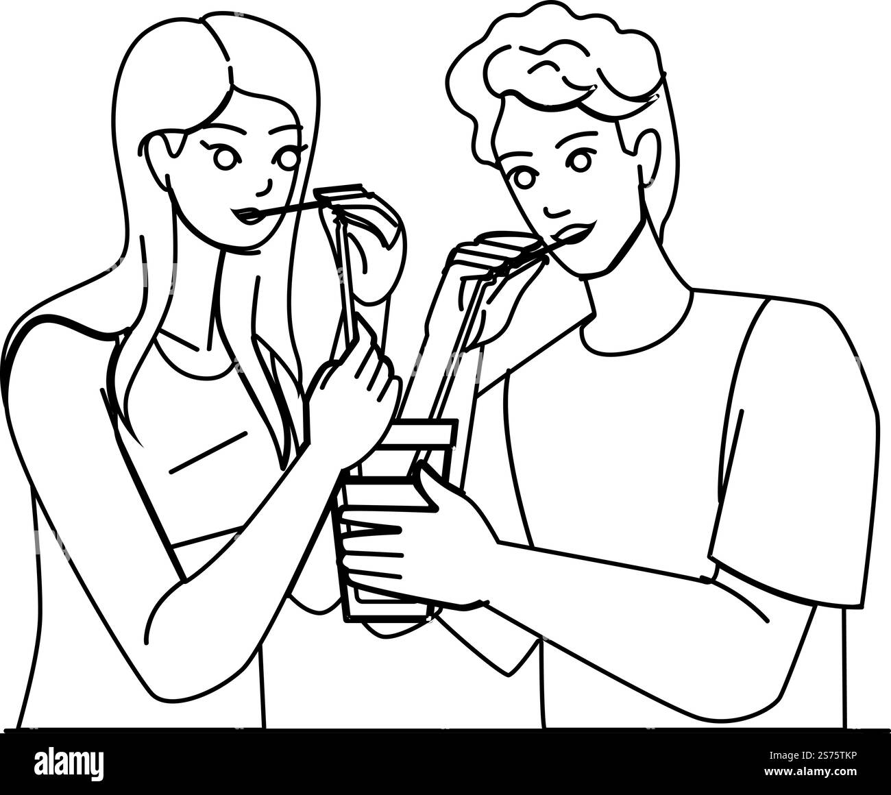 accoppiare il vettore di disegno a matita juice line. home man, love woman, colazione mattutina, cucina felice, cibo per adulti, all'interno insieme, coppia maschile carattere juice. Illustrazione delle persone. coppia vettore succo Illustrazione Vettoriale