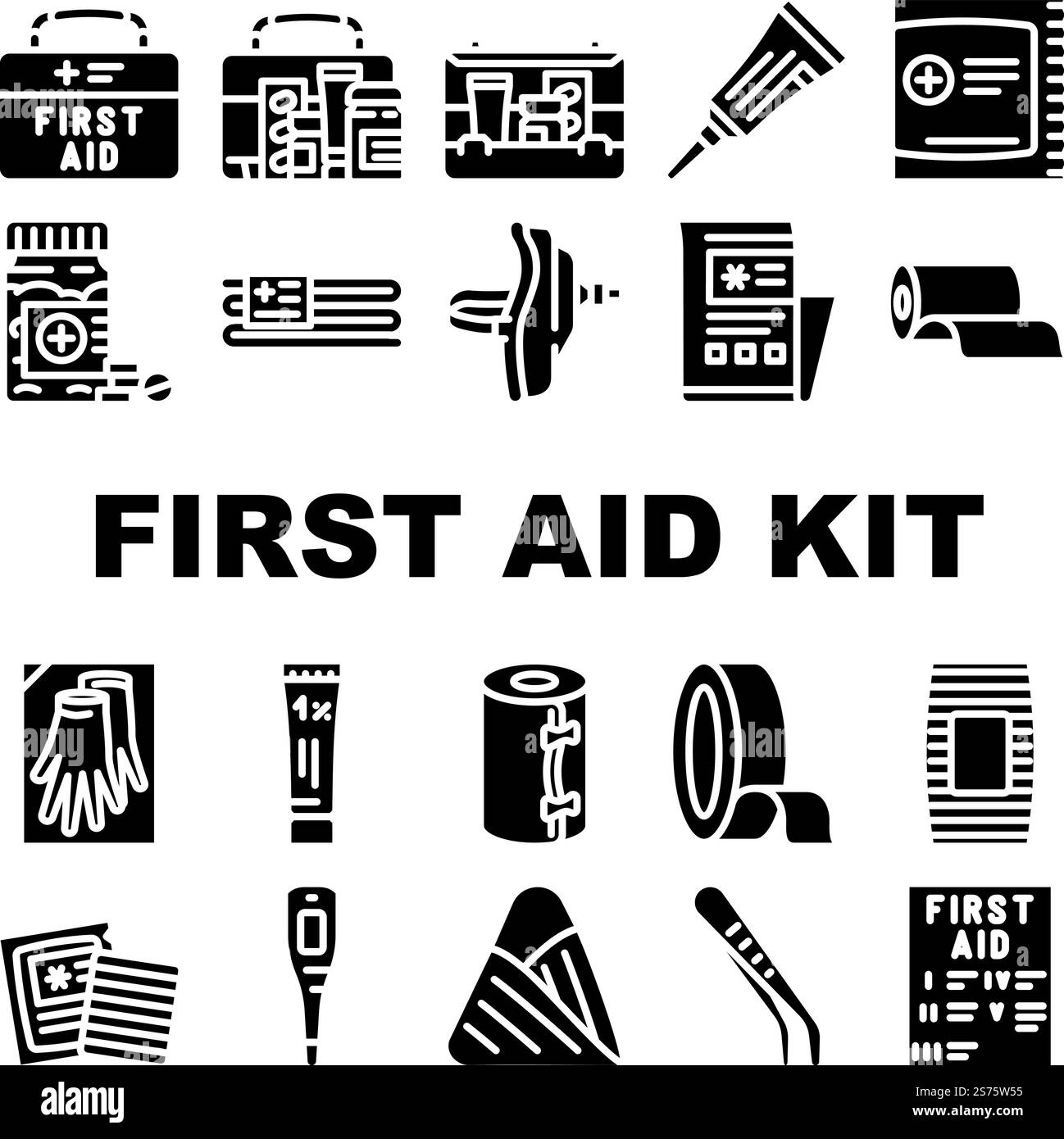 kit di pronto soccorso icone mediche set vettoriale. Assistenza medica, aiuto ospedaliero, scatola del medico, croce di emergenza, caso aiuto bage kit di pronto soccorso medicina glifo salute pittogramma illustrazioni. kit di pronto soccorso icone mediche set vettoriale Illustrazione Vettoriale