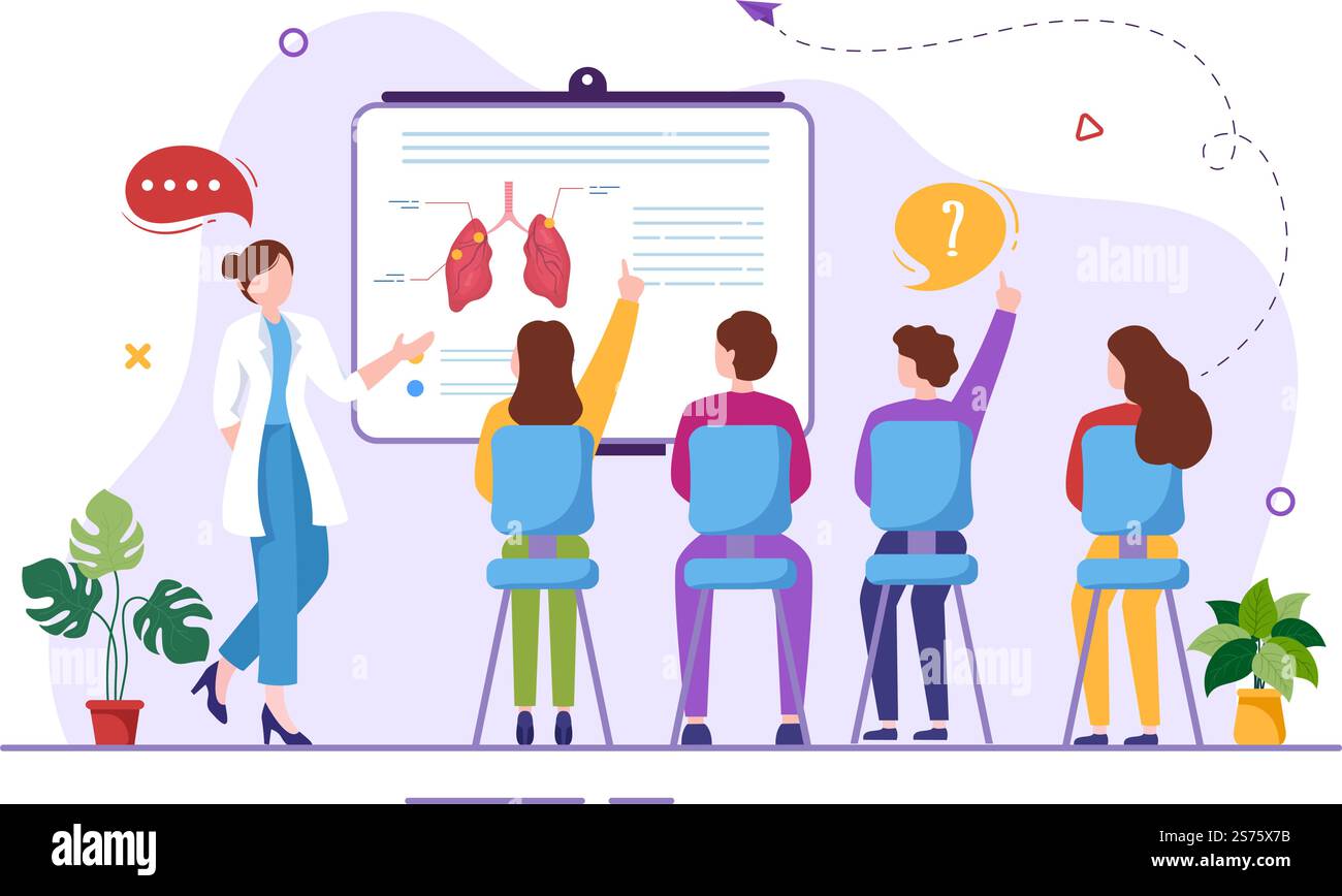 Scuola di Medicina con gli studenti che ascoltano la lezione di Dottore e la scienza di apprendimento in aula in Cartoon piano modello disegnato a mano Illustrazione Illustrazione Vettoriale