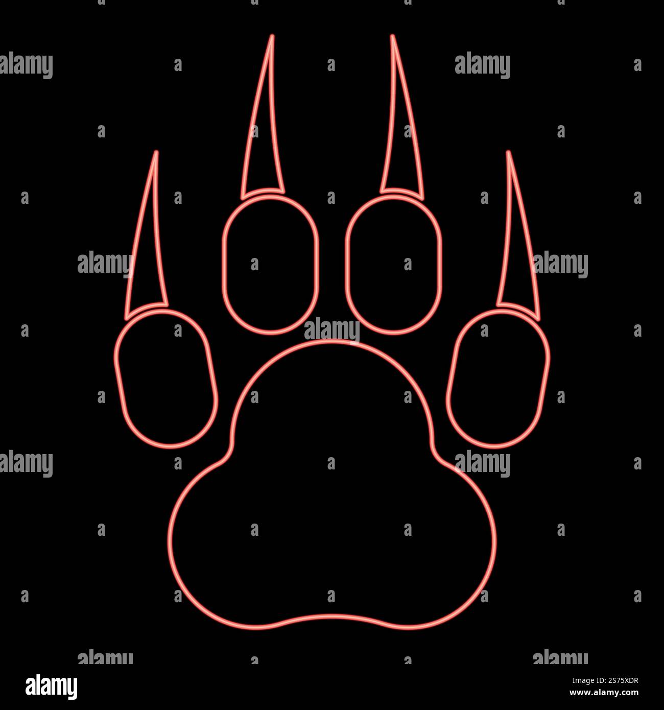 Zampa di stampa al neon animale selvatico con impronta a artiglio pedine predatoria immagine vettoriale di colore rosso luce piatta. Zampa di stampa al neon animale selvatico con impronta di artiglio pawprint predatorio colore rosso immagine vettoriale stile piatto Illustrazione Vettoriale