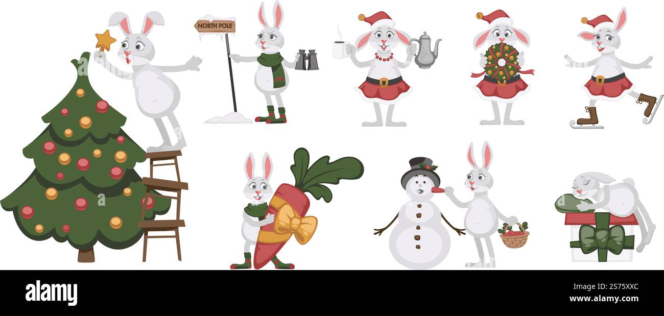 Preparazione e celebrazione delle vacanze natalizie, coniglietto isolato che decora l'albero di Natale di pino con la stella. Reggere corona e pattinare, regalare regali e uscire. Vettore in stile piatto. Il personaggio del coniglio dell'albero di Natale, le vacanze natalizie Illustrazione Vettoriale Preparazione e celebrazione delle vacanze natalizie, coniglietto isolato che decora l'albero di Natale di pino con la stella. Reggere corona e pattinare, regalare regali e uscire. Vettore in stile piatto. Il personaggio del coniglio dell'albero di Natale, le vacanze natalizie Illustrazione Vettoriale