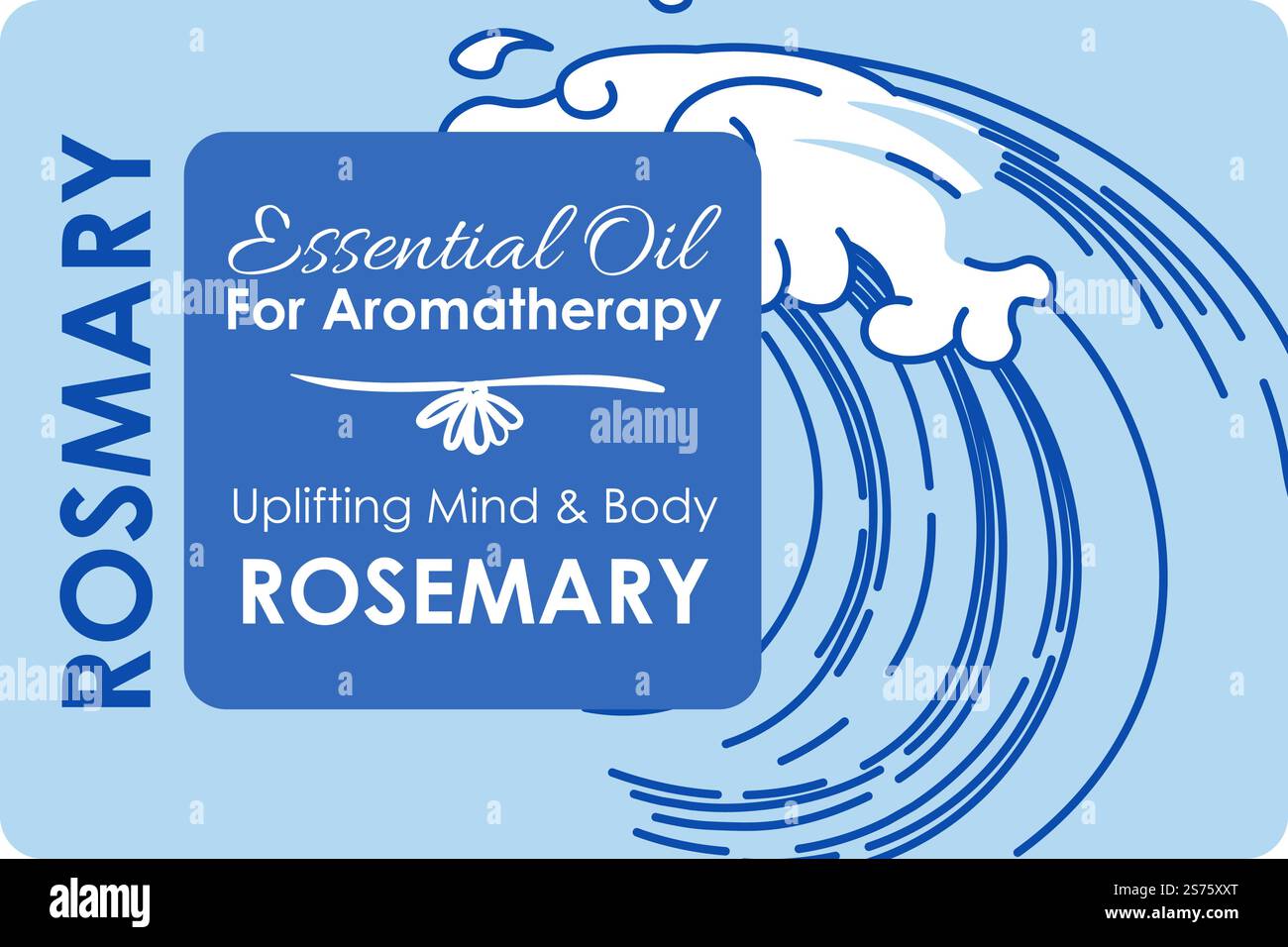 Olio essenziale per aromaterapia rosmarino che solleva la mente e il corpo. Onde oceaniche o marine, profumo aromatico e fragranza per massaggi, salute e benessere, prodotti biologici per la cura. Vettore in stile piatto. Olio essenziale di rosmarino per vettore aromaterapico Illustrazione Vettoriale