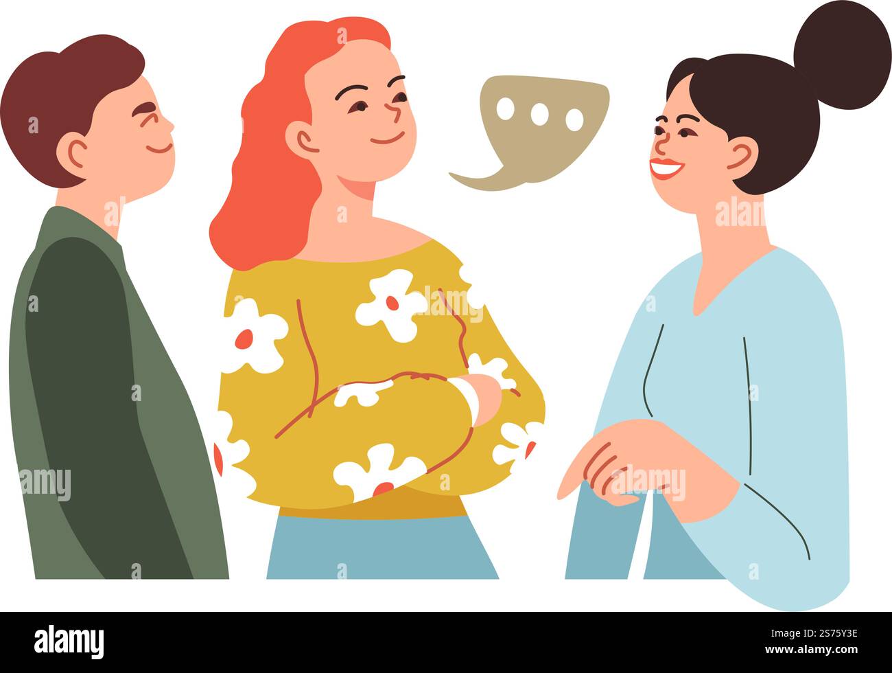 Comunicazione con colleghi, donne che parlano con colleghi o amici, familiari o parenti. Personaggio femminile che conduce conversazioni e condivide notizie con studenti adolescenti. Vettore in stile piatto. Donna che parla con la famiglia o con gli amici, comunica Illustrazione Vettoriale