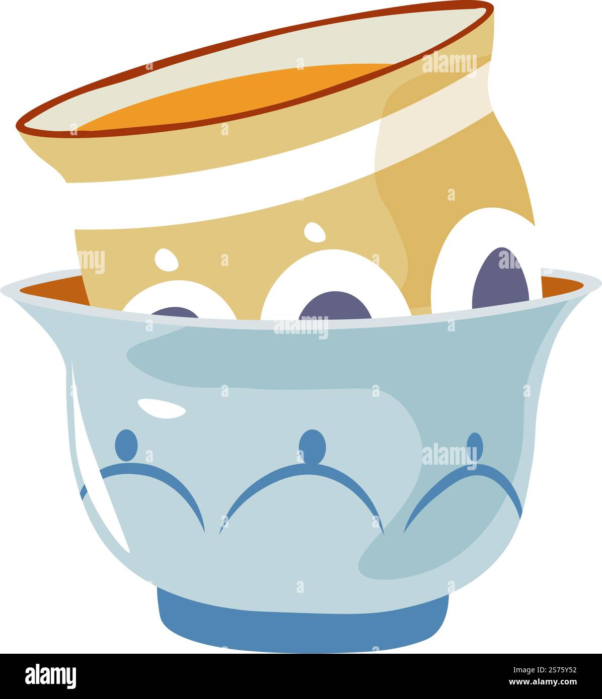 Tazza in porcellana con ornamento geometrico, tazze isolate per bere tè o caffè. Serve al ristorante o alla reception. Acquista oggetti di antiquariato per la casa. Vettore in stile piatto. Tazze da tè con ornamenti e motivi geometrici vettoriali Illustrazione Vettoriale