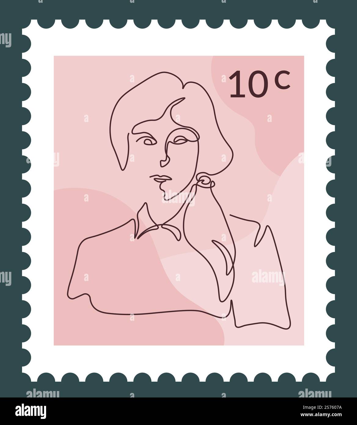 Ritratto di donna in line art, timbro postale di persone famose. Immagine e prezzo femminili, consegna rapida. Marchio postale o carrello, timbro per la comunicazione di lettere e corrispondenza. Vettore negli stili piatti. Personaggi famosi, cartolina, ritratti di donne Illustrazione Vettoriale