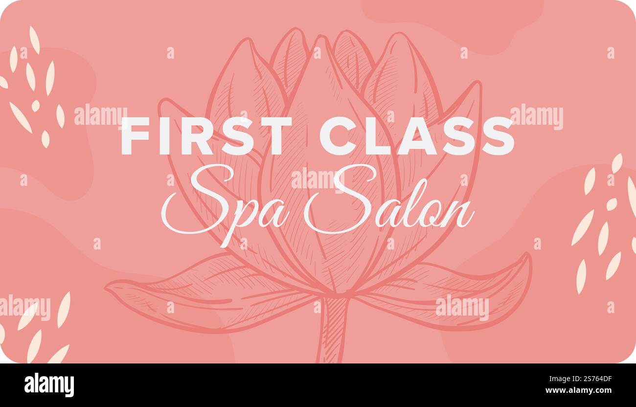 Centro estetico o salone termale di prima classe. Cosmetologia e benessere, cura del corpo e della salute. Disegno in loto monocromatico su banner del servizio di vendita. Biglietto da visita con logotipo, vettore in stile piatto. Salone spa di prima classe, logotipo biglietto da visita Illustrazione Vettoriale