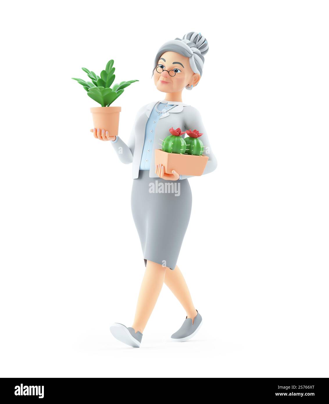 nonna dei cartoni animati 3d che cammina con piante in vaso, illustrazione isolata su sfondo bianco Foto Stock