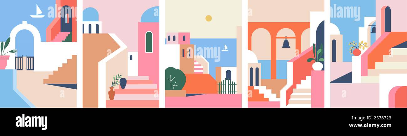 Vecchio paesaggio urbano con edifici e architettura, archi e scale, strade e piante d'appartamento. Esterni e facciate di case, città sul mare con costa e barche a vela. Vettore in stile piatto. Paesaggi urbani greci e case architettoniche di strade Illustrazione Vettoriale