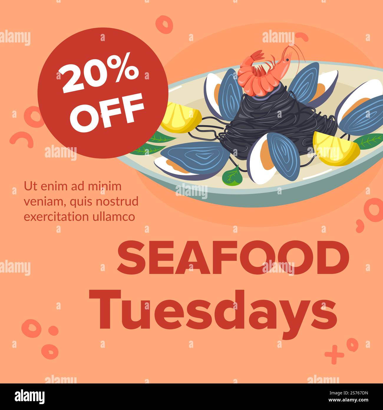 Il martedì al ristorante serve pesce, gustose cozze con gamberi e limone. Sconto del 20% sul prezzo. Banner promozionale del ristorante con informazioni sulle offerte speciali. Vettore in stile piatto. Pesce il martedì, cozze e striscioni di limone Illustrazione Vettoriale