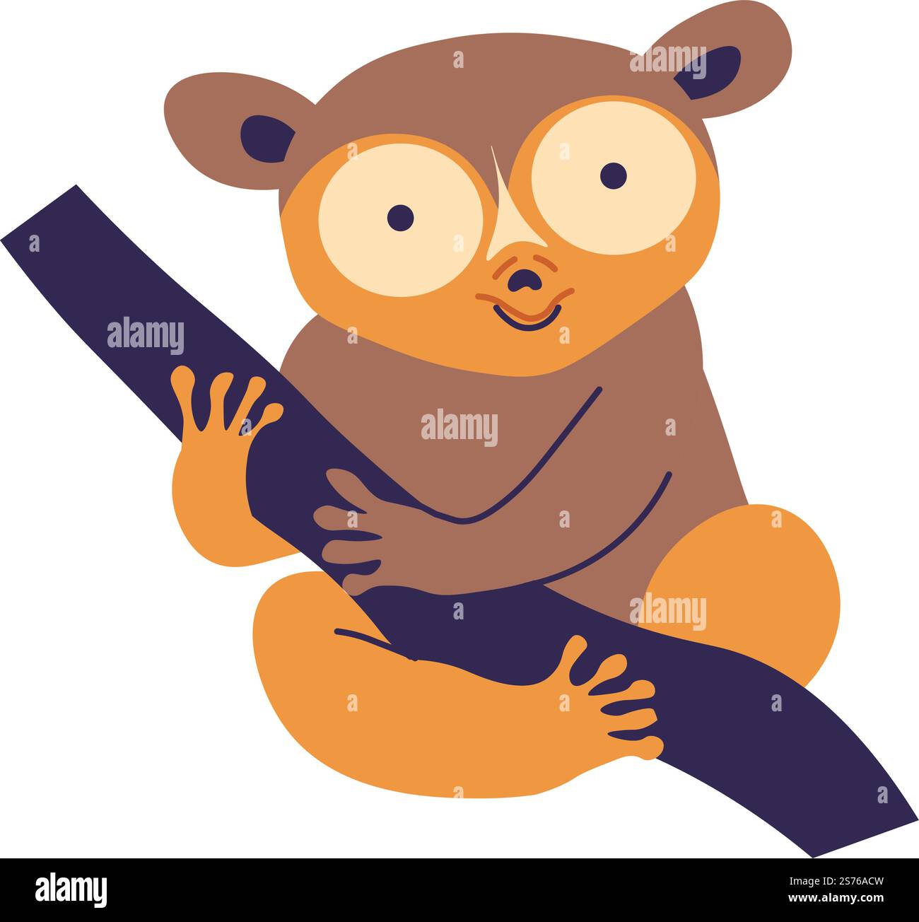 Animali esotici e creature che vivono in aree e habitat esotici. Lemure isolato o tarsiere seduto sul ramo dell'albero. Mammifero carino con occhi grandi e corpo piccolo. Immagine vettoriale in stile piatto. Animali tropicali, lemuri o tarsieri sul ramo Illustrazione Vettoriale