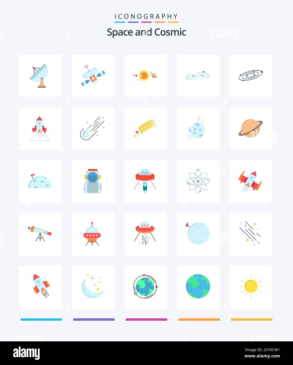 Creative Space 25 pacchetto icona piatta come l'astronomia. astronomia. radar. sistema solare. sistema Illustrazione Vettoriale