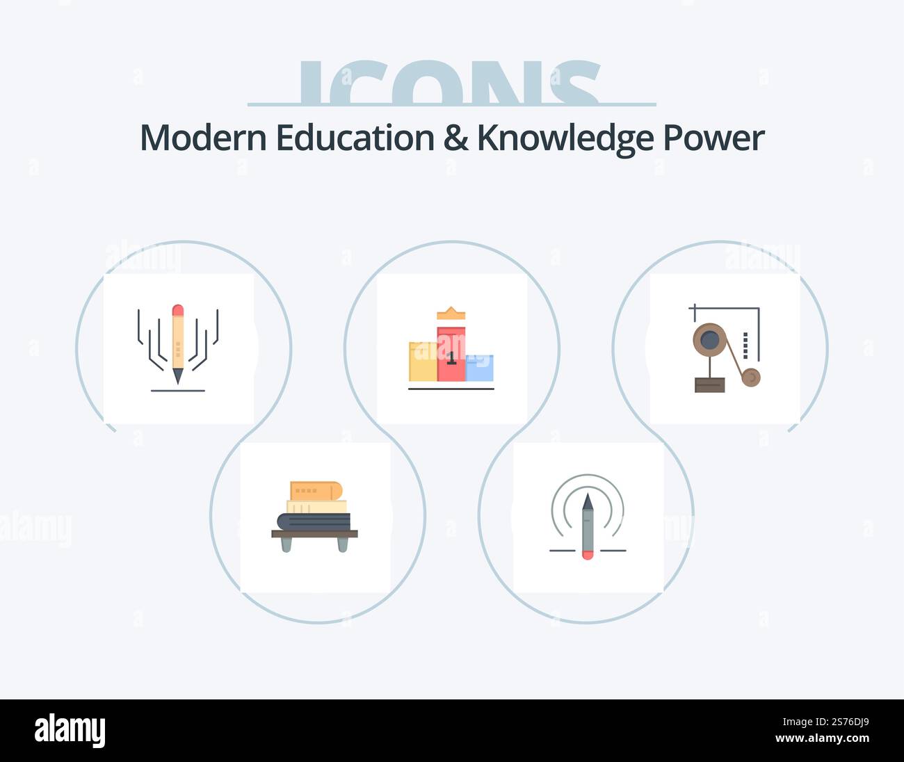 Formazione moderna e conoscenza Power Flat Icon Pack 5 Icon Design. fisica. istruzione. arte digitale . primo posto. piedistallo Illustrazione Vettoriale