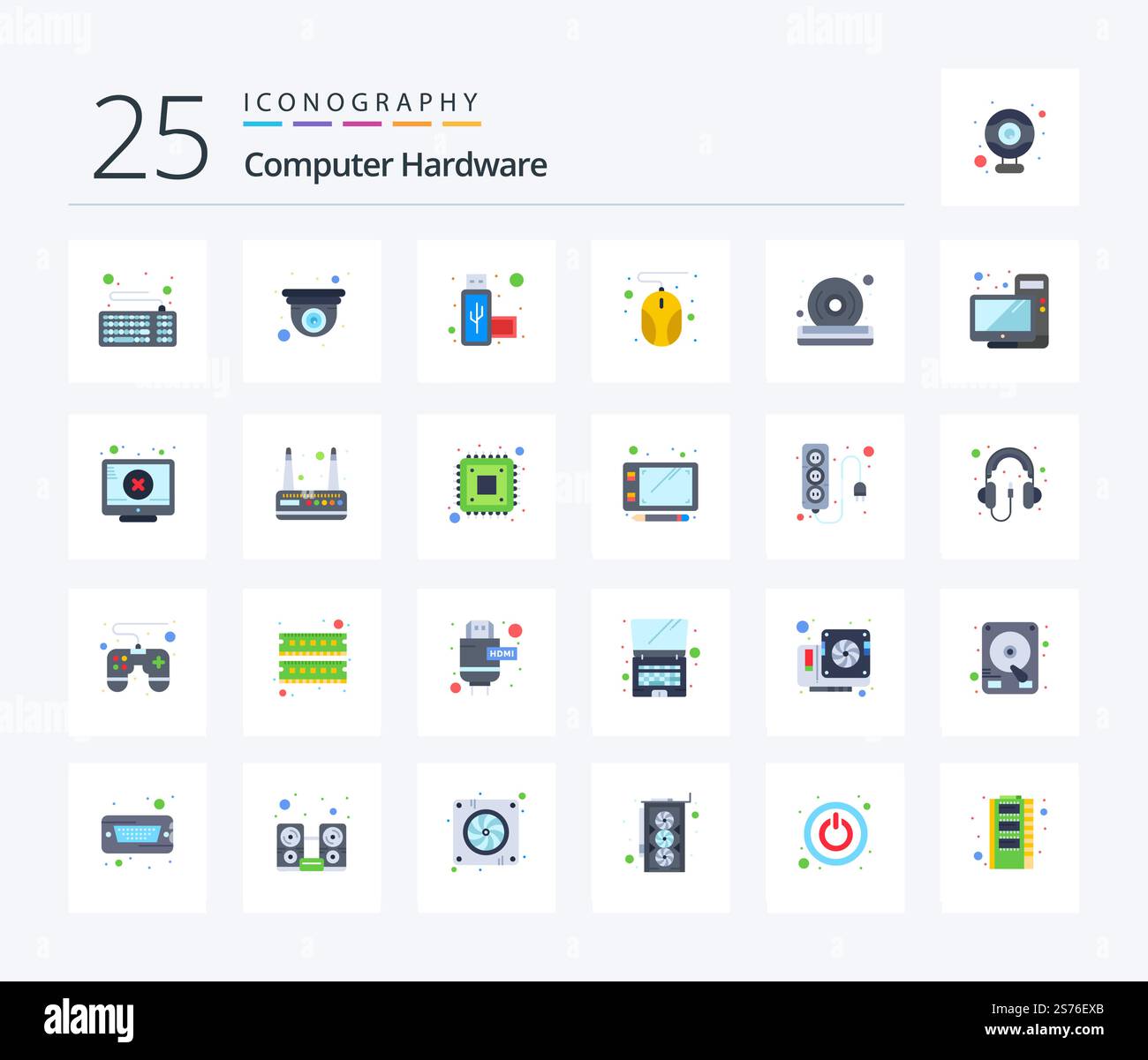 Computer hardware 25 pacchetto icone Flat Color con lettore. dvd. connessione. disco. hardware Illustrazione Vettoriale