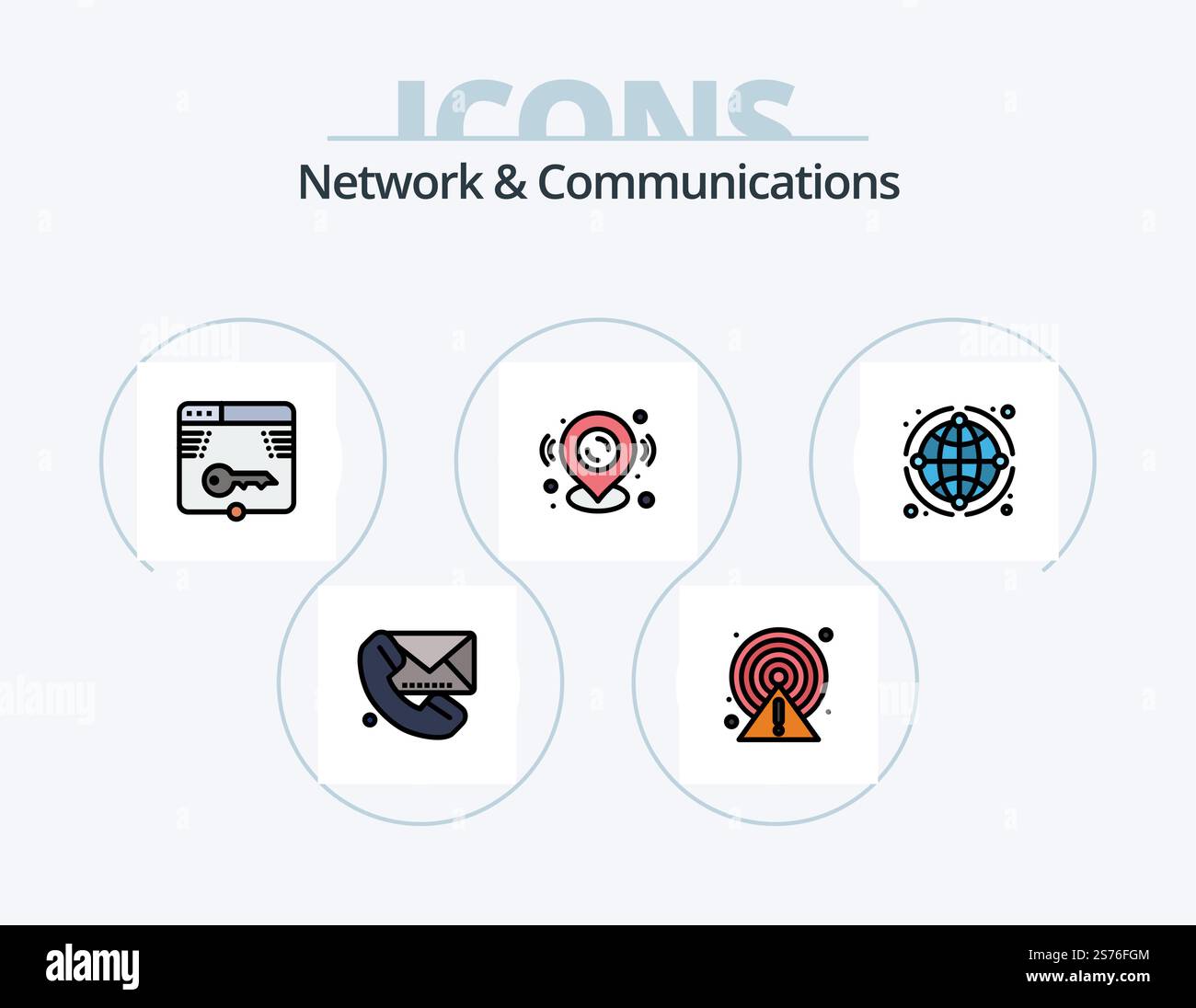 Rete e comunicazione linea riempito icone Pack 5 icona Design. spazio. orbita. guida. astronomia. telefono Illustrazione Vettoriale