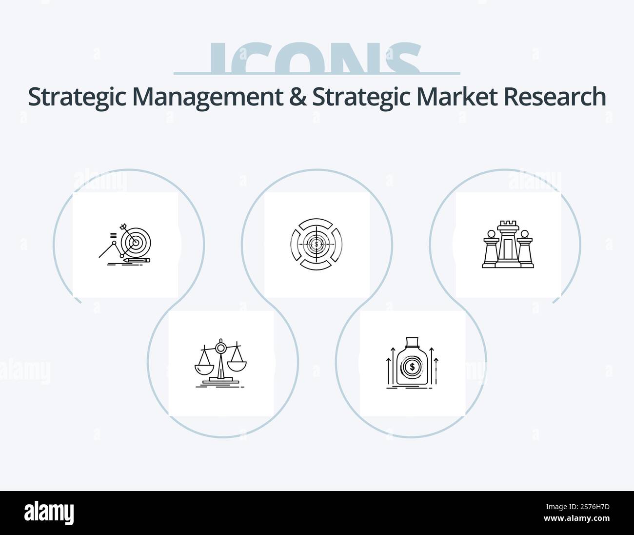 Strategic Management and Strategic Market Research Line Icon Pack 5 Icon Design. . perdita. storia. legge. messa a fuoco Illustrazione Vettoriale