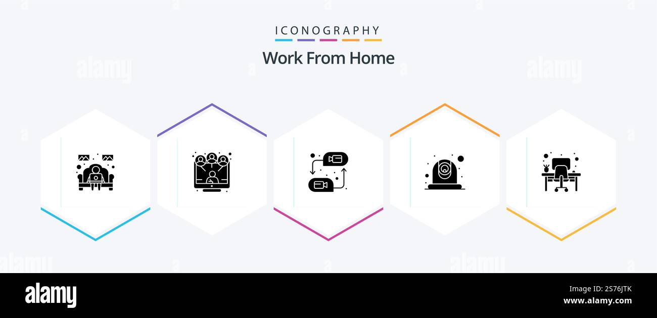 Work from Home 25 Glyph pacchetto icone compresa la comunicazione. video. condivisione. fotocamera. web Illustrazione Vettoriale