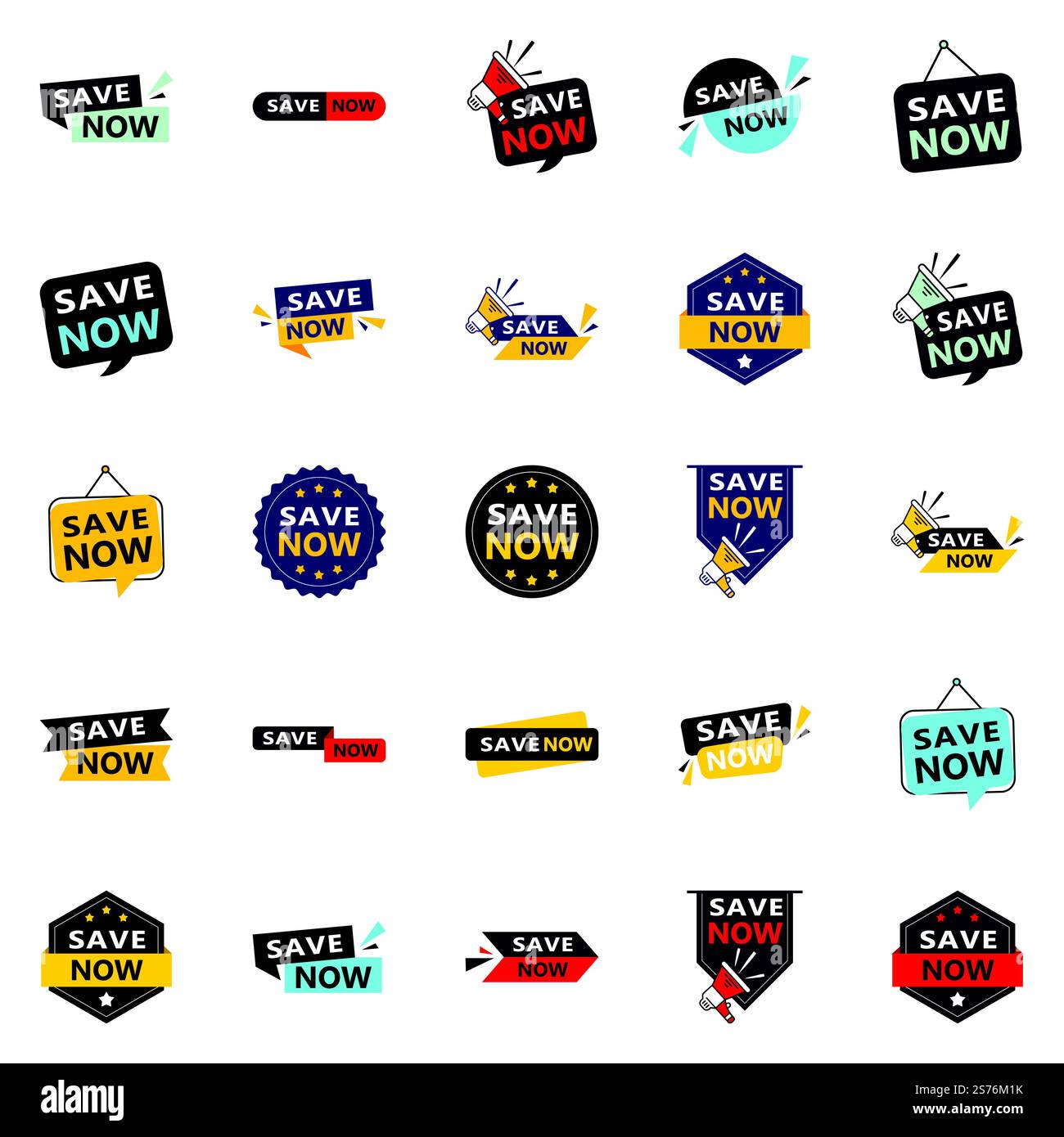 Risparmia ora 25 nuovi elementi tipografici per una moderna promozione di risparmio Illustrazione Vettoriale
