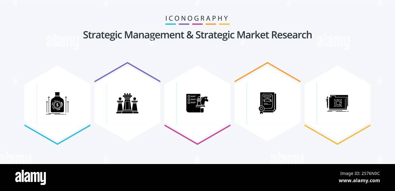 Strategic Management and Strategic Market Research 25 Glyph pacchetto icona compreso laureato. risultato. tattica. grado. strategia Illustrazione Vettoriale